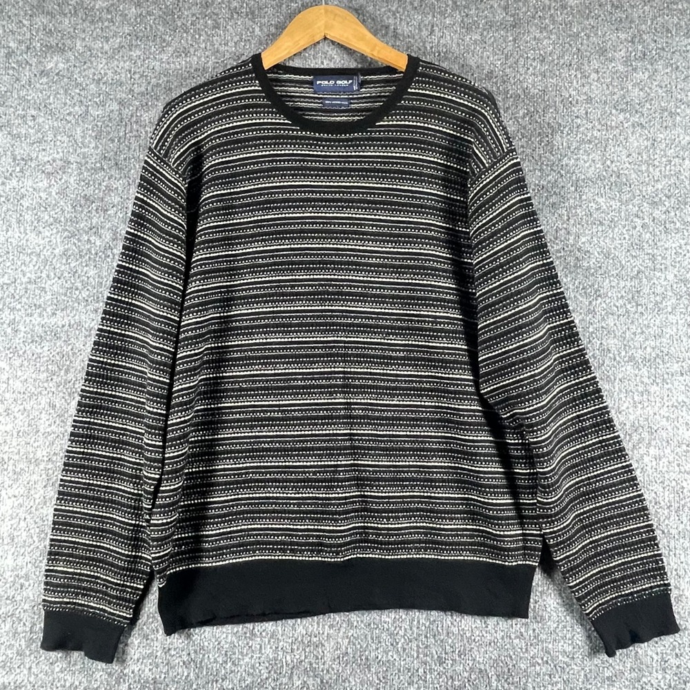 VTG Polo Golf Ralph Lauren Sweater Mens XL Black Striped Merino Wool Preppy 90s